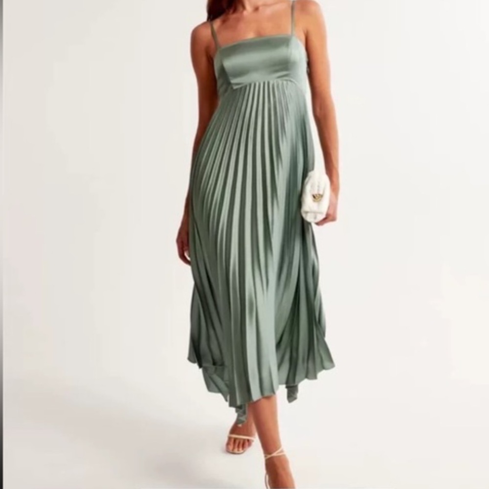 Abercrombie light green pleated open back, thin strap square neck midi dress- S